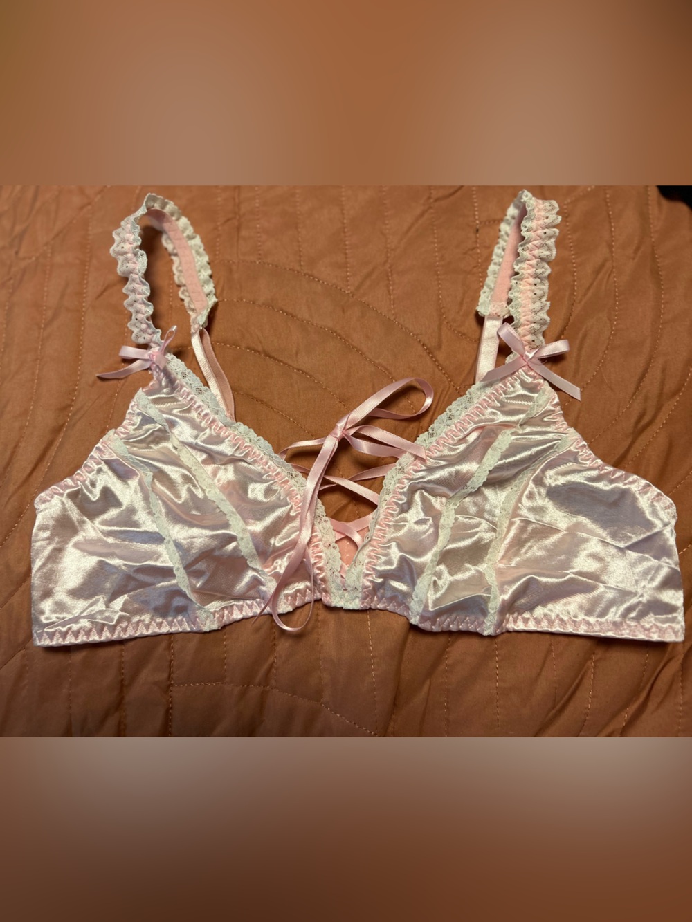 Pink Satin Lace-Up Garter Lingerie Set Top